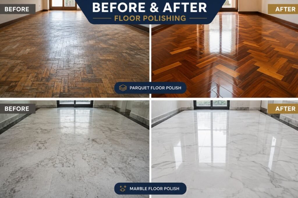 Before and After Floor Polishing